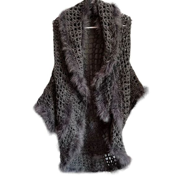Laseine Crochet Faux Fur Trim Open Front Cardigan Vest Gray Large - Picture 1 of 6